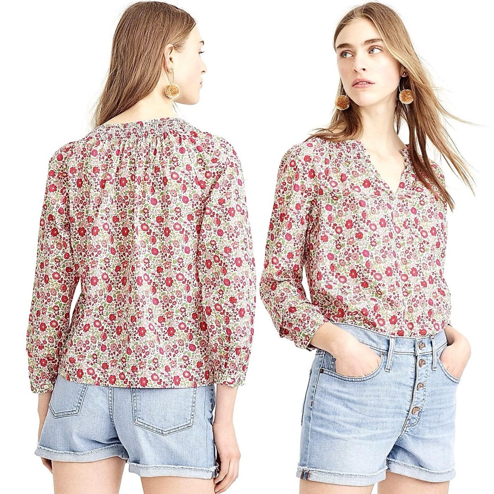 JCrew Peasant Blouse Liberty D'anjo Floral Popover Shirt Top Red White Pink 10 - Picture 3 of 16